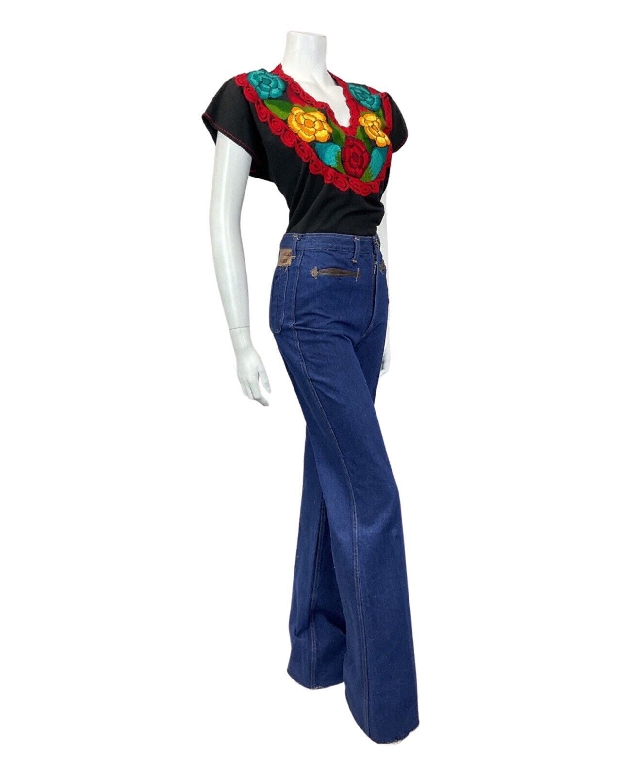 VINTAGE 60s 70s BLACK RED YELLOW FLORAL EMBROIDERED BOHO FOLK BLOUSE 16 18