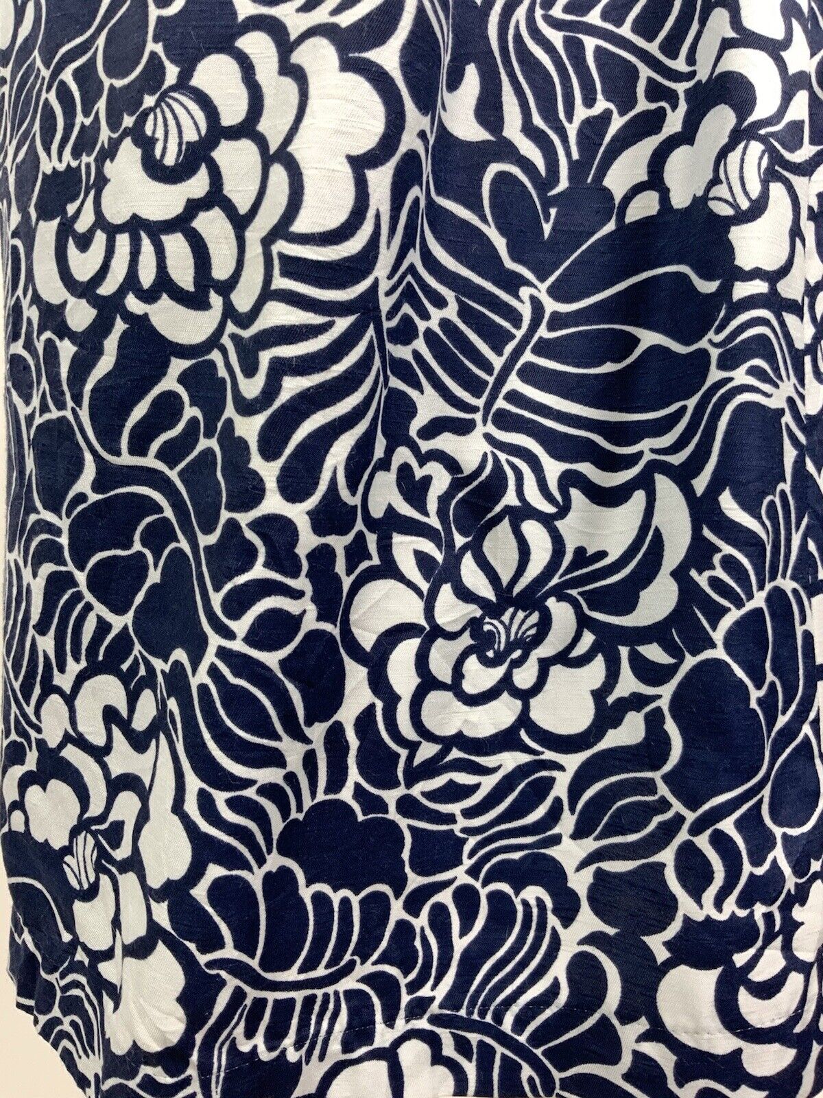 VINTAGE 60s 70s NAVY BLUE WHITE FLORAL LEAFY PSYCHEDELIC SHIRT DRESS 14 16