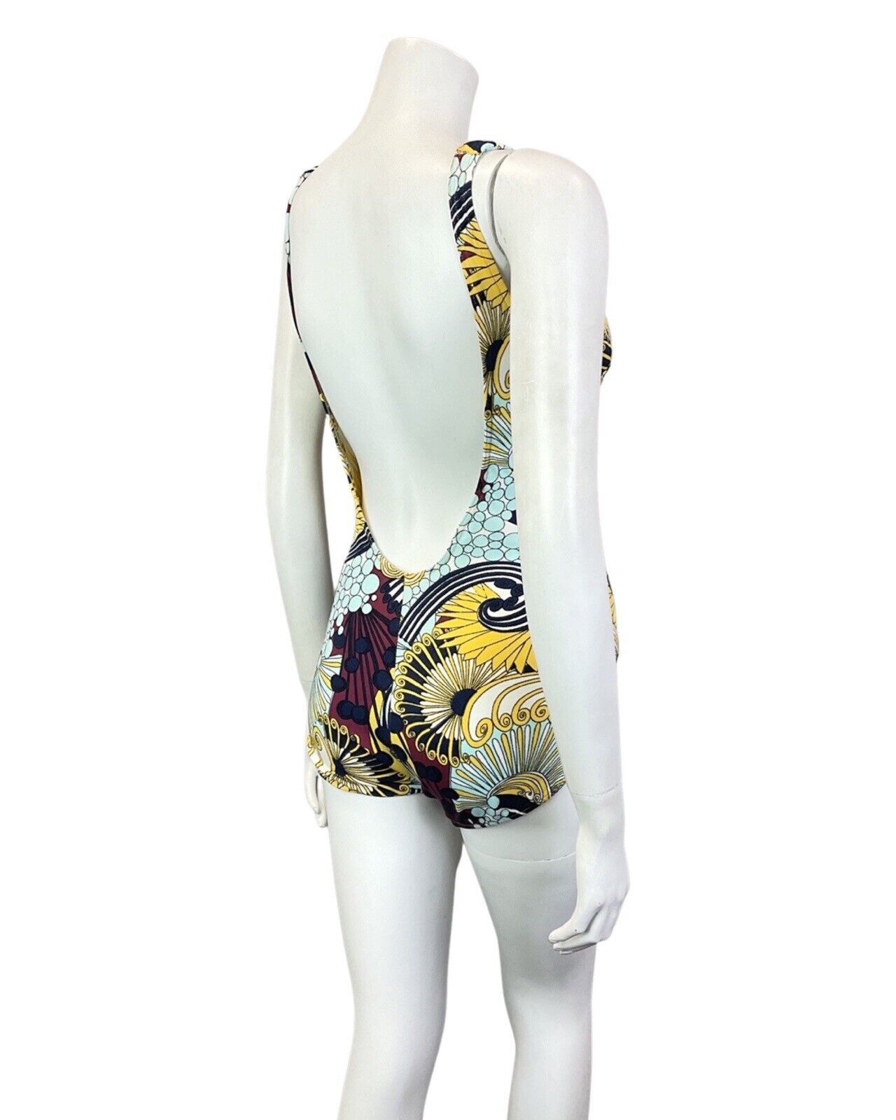 VINTAGE 60s 70s BLUE YELLOW RED FLORAL PSYCHEDELIC FAN SWIMSUIT 8 10