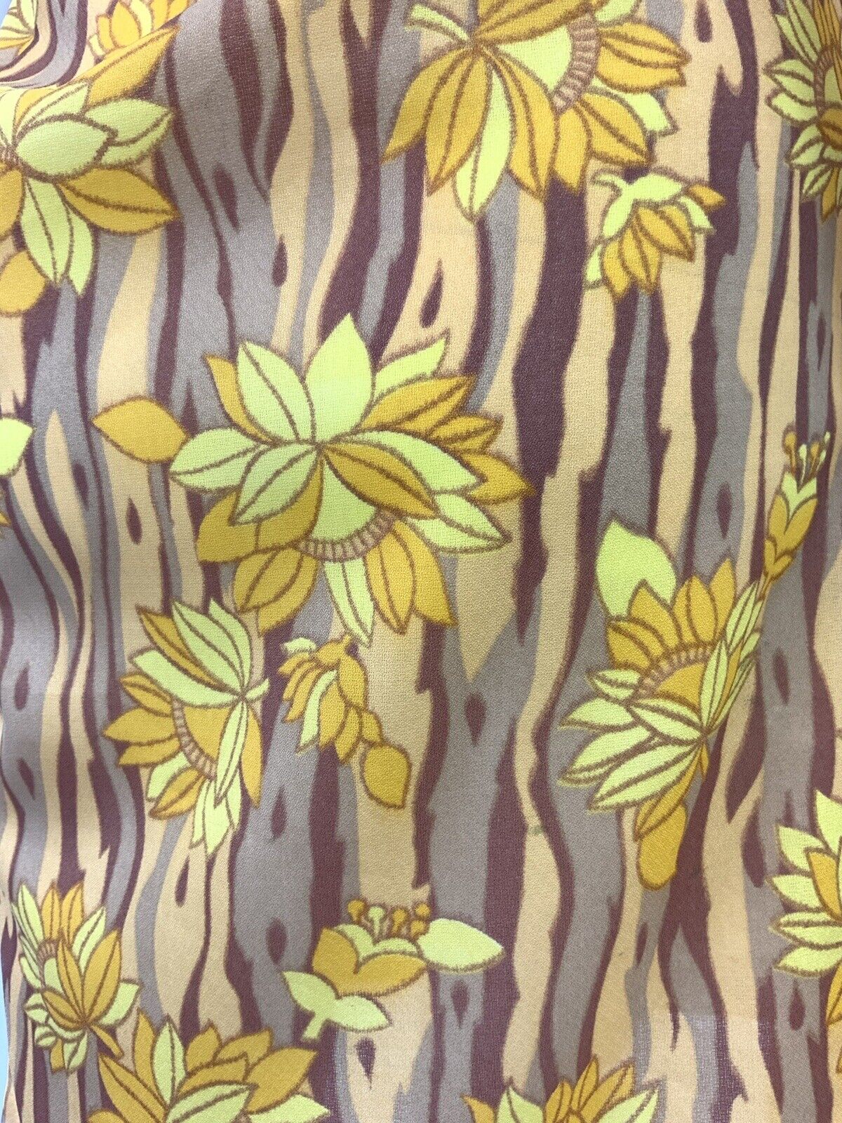 VINTAGE 60s 70s YELLOW BROWN BEIGE STRIPED FLORAL MOD SHIRT SHIFT DRESS 14 16