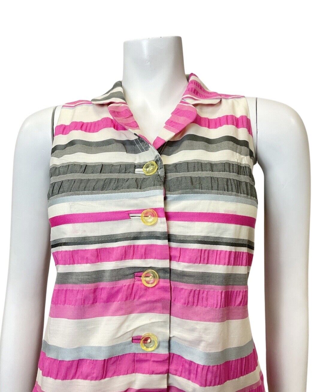 VINTAGE 60s 70s PINK SILVER WHITE STRIPED MOD SLEEVELESS SHIRT SHIFT DRESS 6