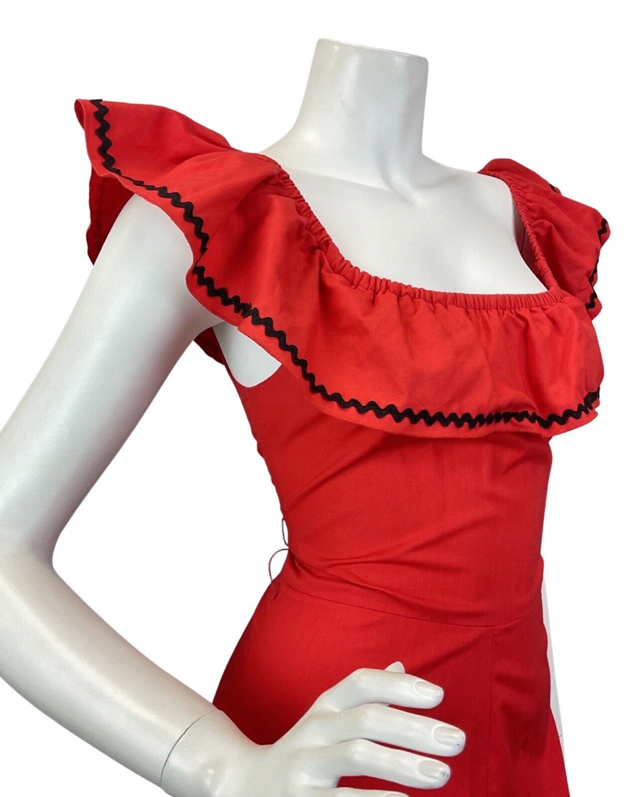 VINTAGE 60s 70s RED BLACK RIC-RAC FLORAL BARDOT RUFFLE BOHO FOLK MAXI DRESS 8