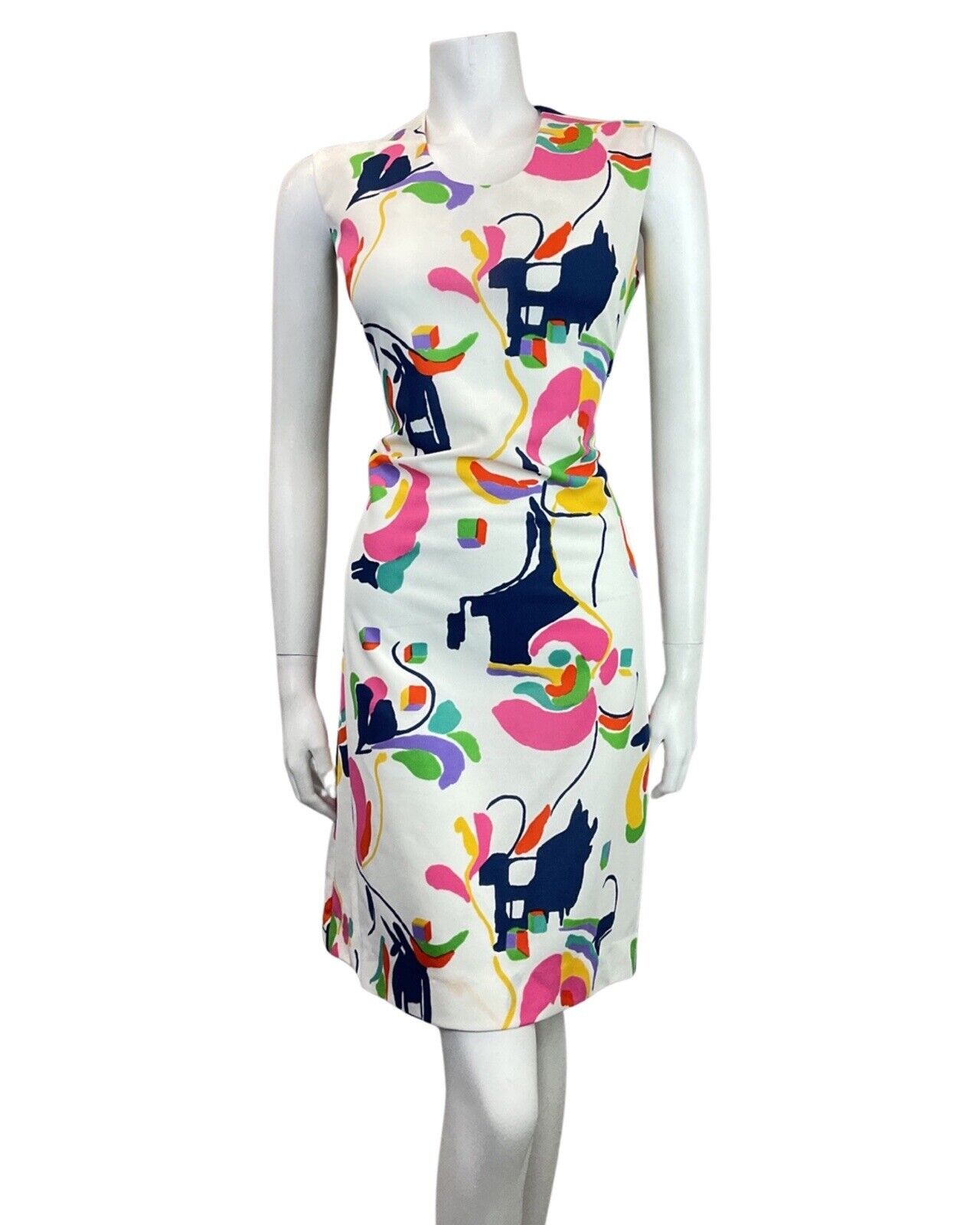 VINTAGE 60s 70s WHITE BLUE PINK GREEN ABSTRACT SLEEVELESS MOD DRESS 14 16