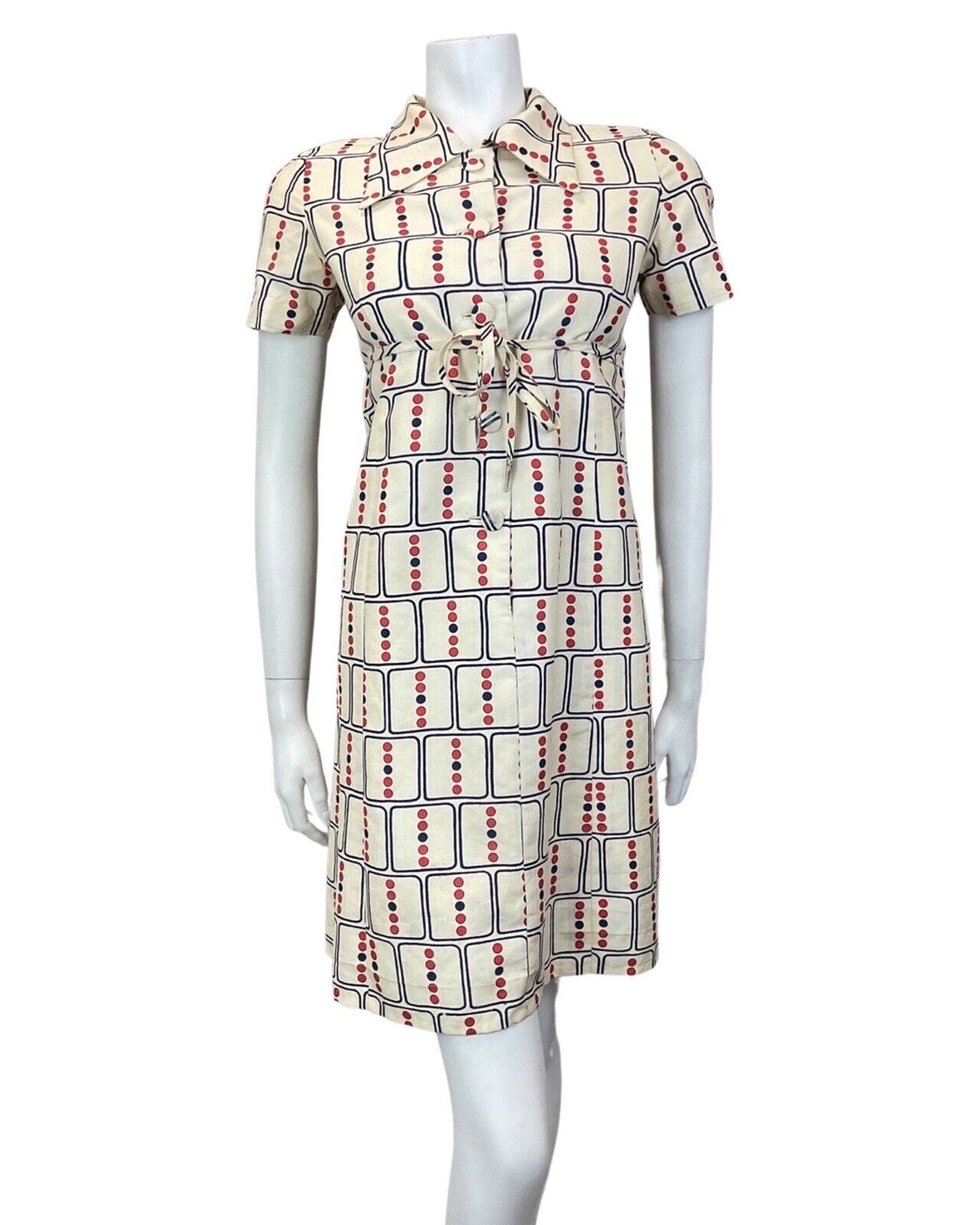 VINTAGE 60s 70s CREAM BLUE RED GEOMETRIC DOTTY DAGGER COLLAR MOD SHIRT DRESS 12