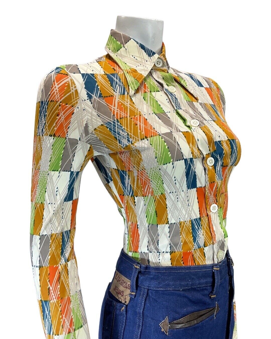 VINTAGE 60s 70s WHITE GREEN ORANGE GEOMETRIC CHECKED MOD DAGGER SHIRT 6 8