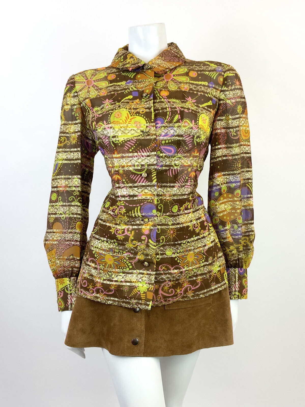 VTG 60s 70s BROWN PINK GREEN GOLD PSYCHEDELIC FLORAL STRIPED DAGGER SHIRT 14 16