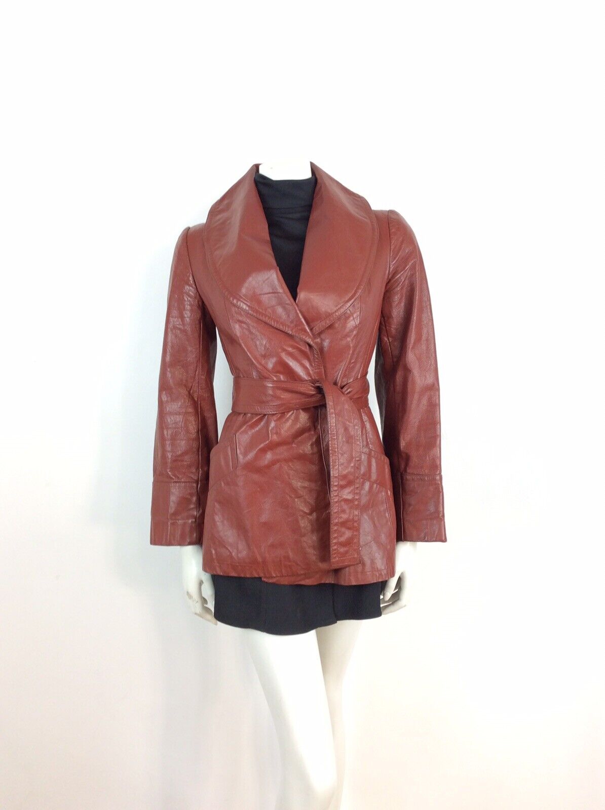 CLASSIC TRUE VINTAGE 60s 70s BROWN BURGUNDY WINE LEATHER WRAP JACKET 8 10 12