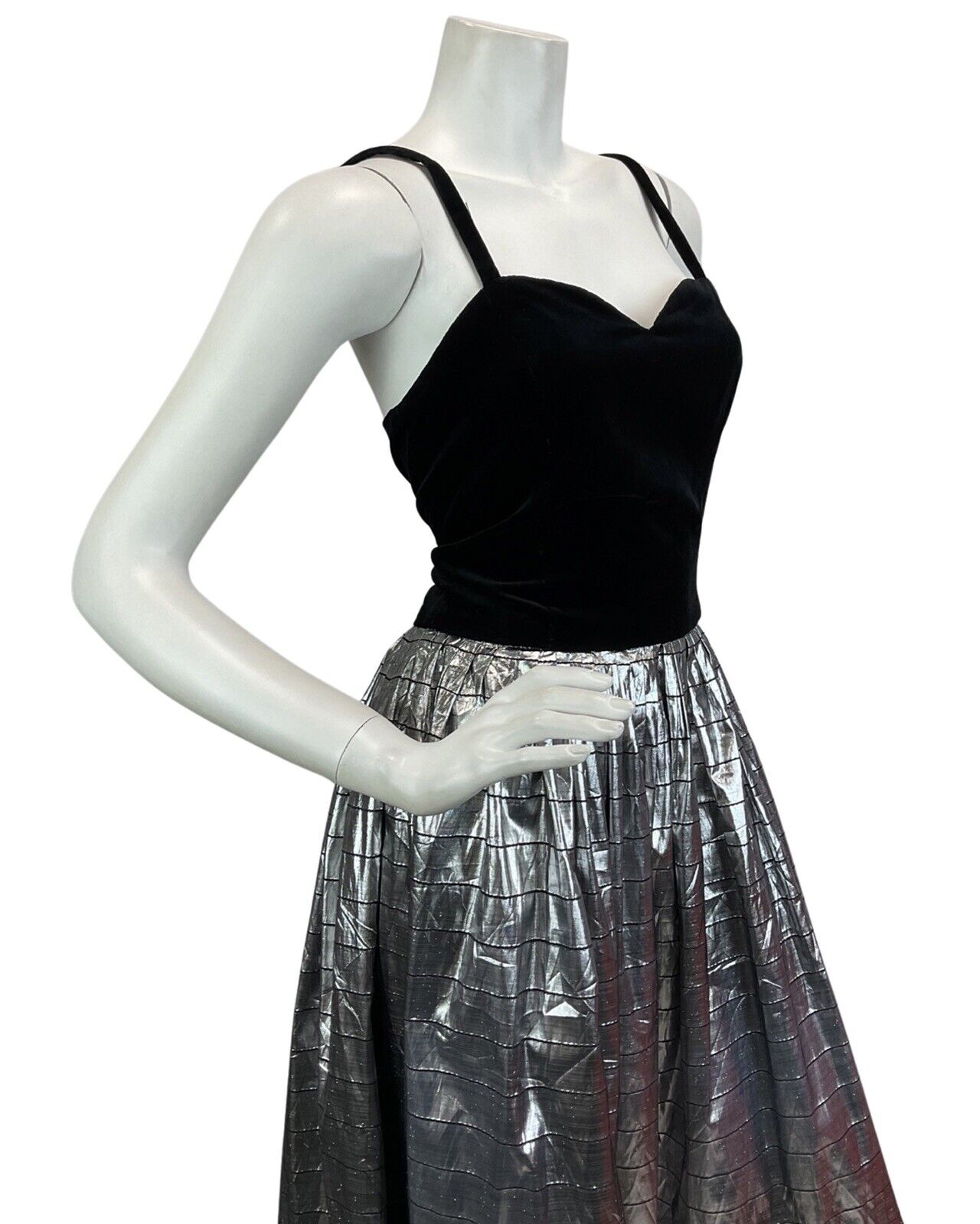 VINTAGE 70s 80s BLACK SILVER METALLIC DISCO EVENING PARTY MAXI DRESS 8 10