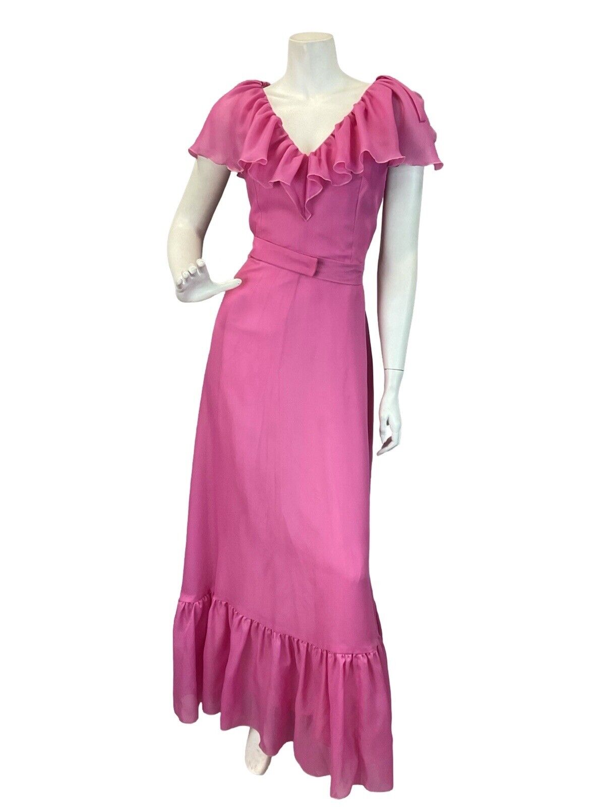 VTG 60S 70S BRIGHT PINK RUFFLE V-NECK MAXI DRESS 8 10