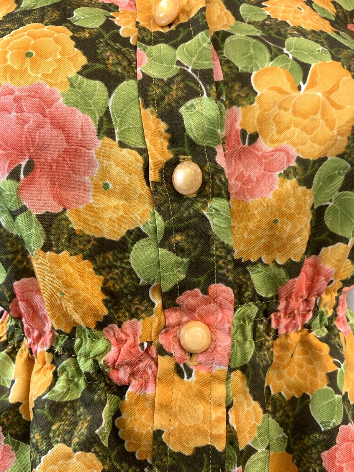 VINTAGE 60s 70s GREEN YELLOW PINK FLORAL CROPPED DAGGER SHIRT BLOUSE 8