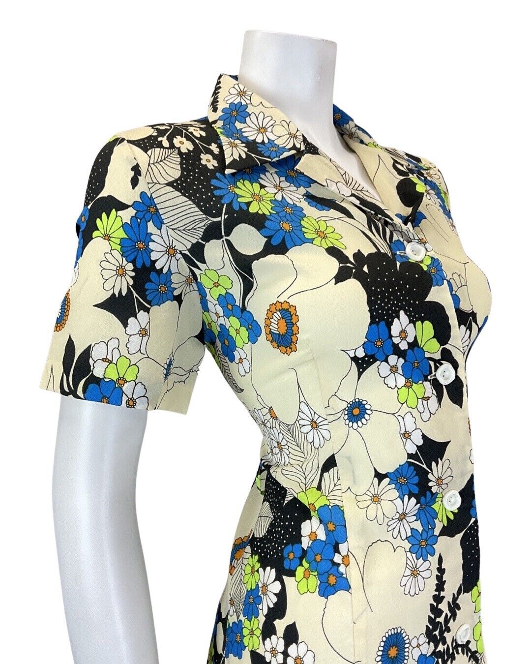 VINTAGE 60s 70s CREAM BLUE BLACK PSYCHEDELIC FLOWER MOD SHIRT DRESS 10 12