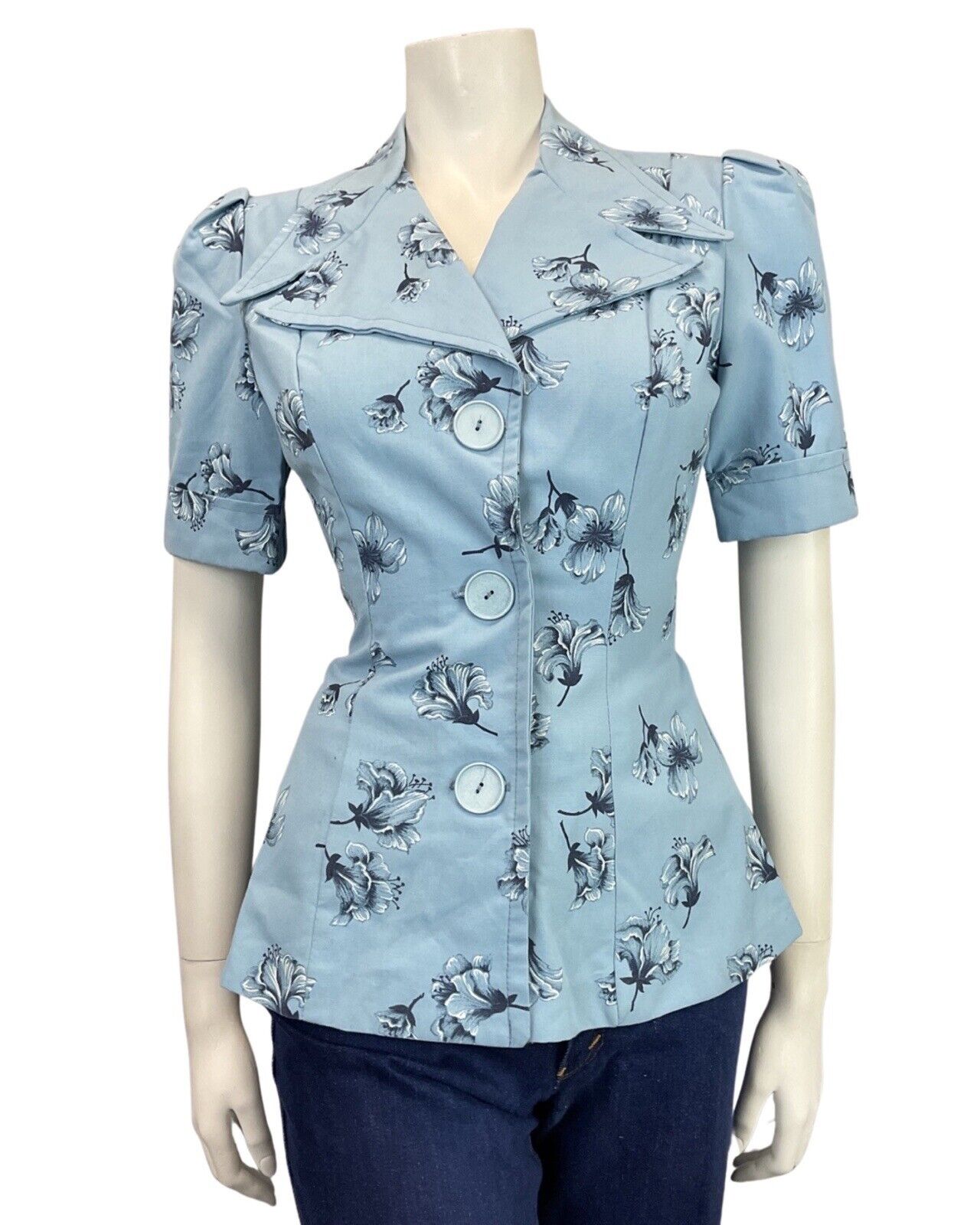 VINTAGE 70s DOES 40S BLUE NAVY FLORAL BELTED MOD BLOUSE TOP 10