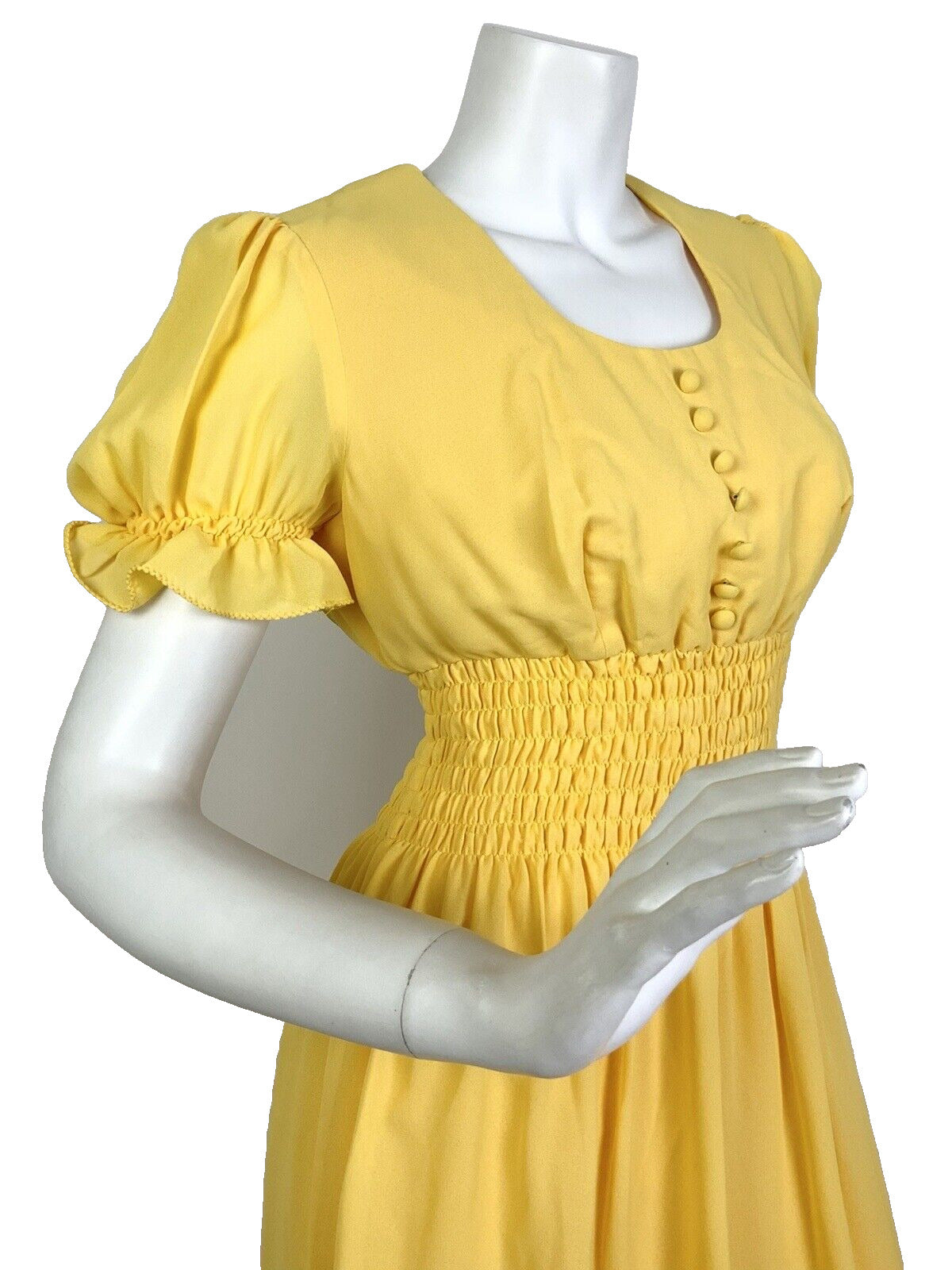 VINTAGE 60s 70s SUNSHINE YELLOW PUFF SLEEVE PRAIRIE BOHO MAXI DRESS 10 12