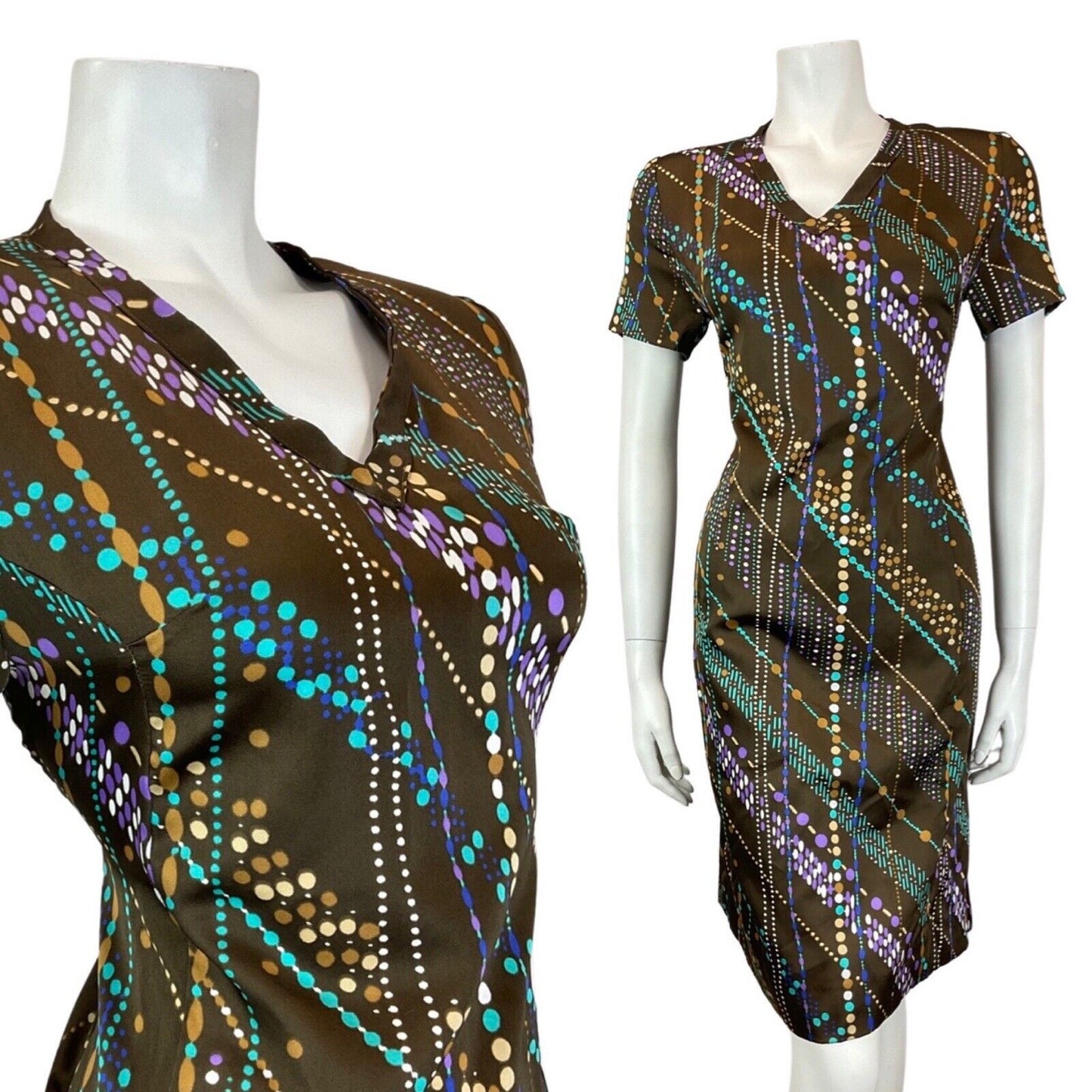 VINTAGE 60s 70s BROWN BLUE PURPLE BEAD REED DOTTY MOD SHORT SLEEVE DRESS 12