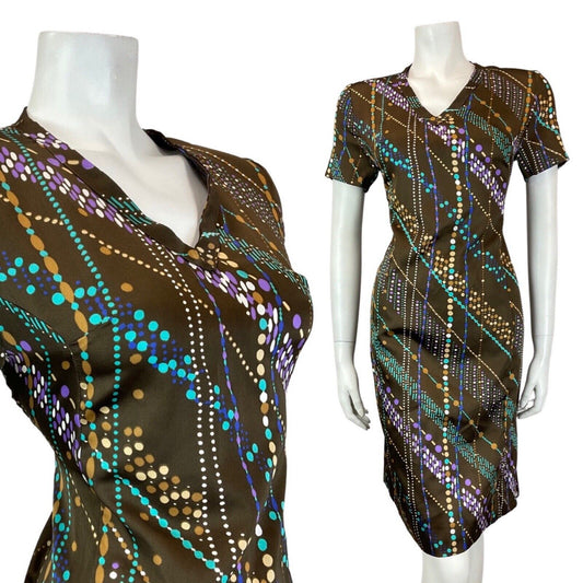 VINTAGE 60s 70s BROWN BLUE PURPLE BEAD REED DOTTY MOD SHORT SLEEVE DRESS 12