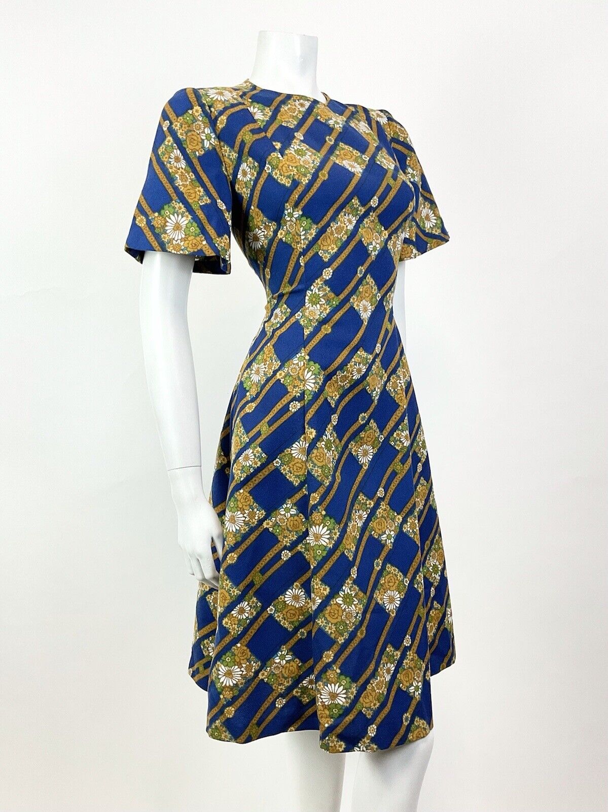 VTG 60s 70s BLUE GOLD BROWN GEOMETRIC DITSY FLORAL MOD SKATER SWING DRESS 8 10