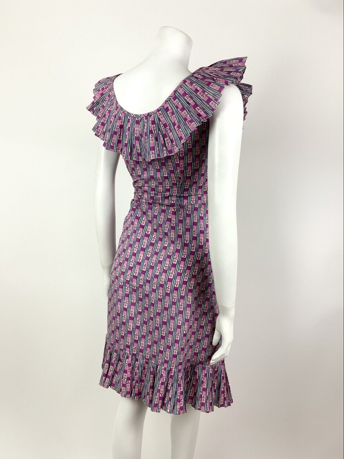 VINTAGE 60s 70s PINK PURPLE WHITE BLUE STRIPED FLORAL DAISY RUFFLE DRESS 12 14