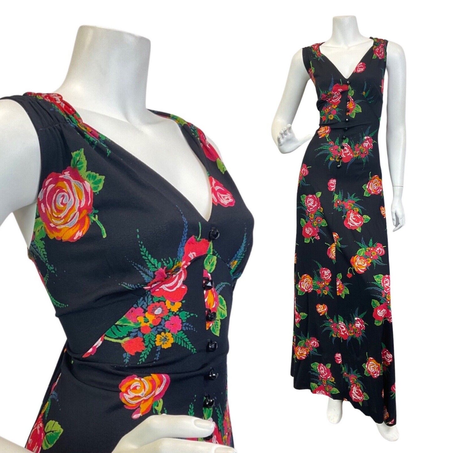 VINTAGE 60s 70s BLACK RED GREEN ROSE FLOWER BOUQUET SLEEVELESS MAXI DRESS 12 14