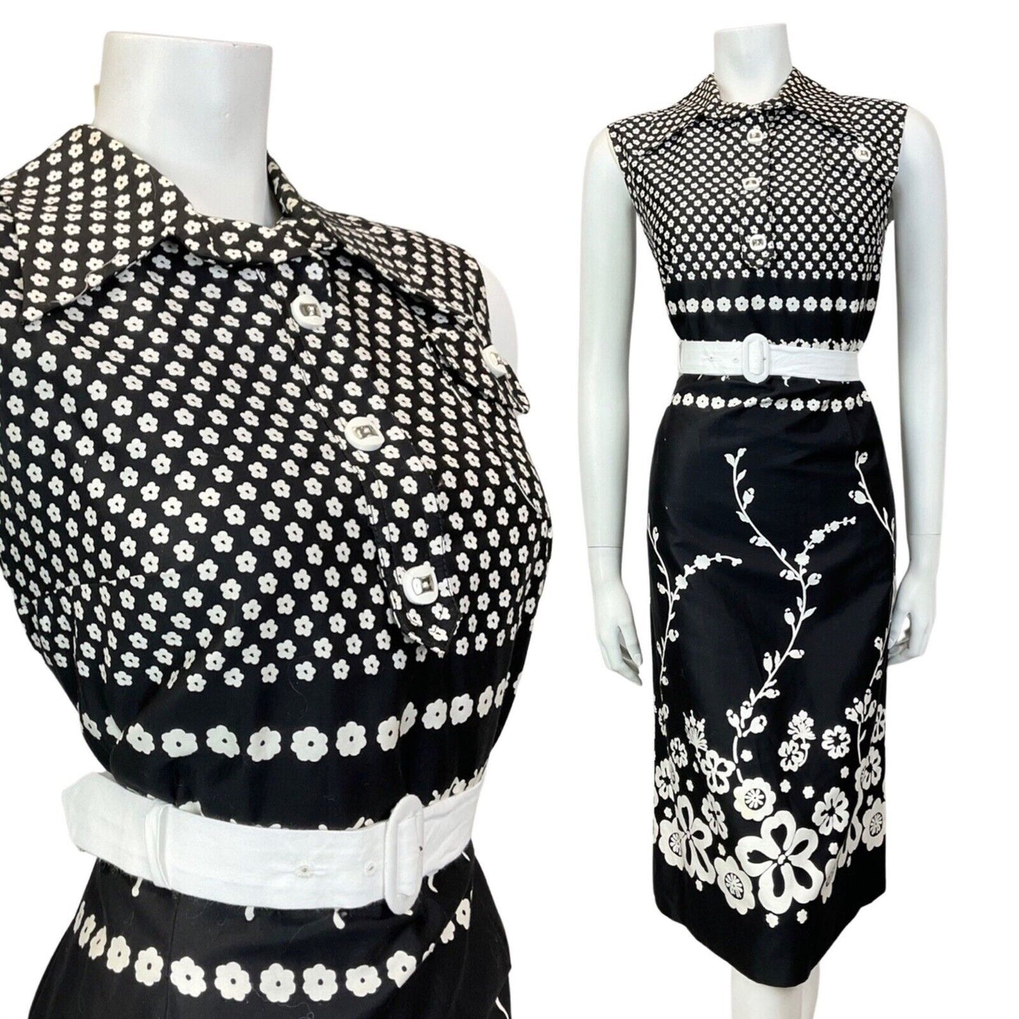 VINTAGE 60s 70s BLACK WHITE FLORAL DAISY MOD SLEEVELESS DAGGER SHIRT DRESS 10 12