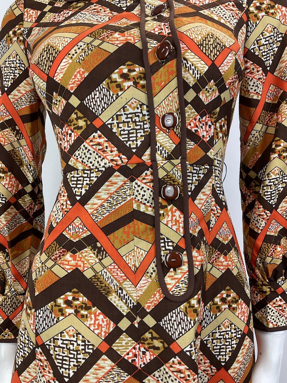 VINTAGE 60s 70s BROWN CREAM ORANGE GEOMETRIC PSYCHEDELIC MOD LONGSLEEVE DRESS 8