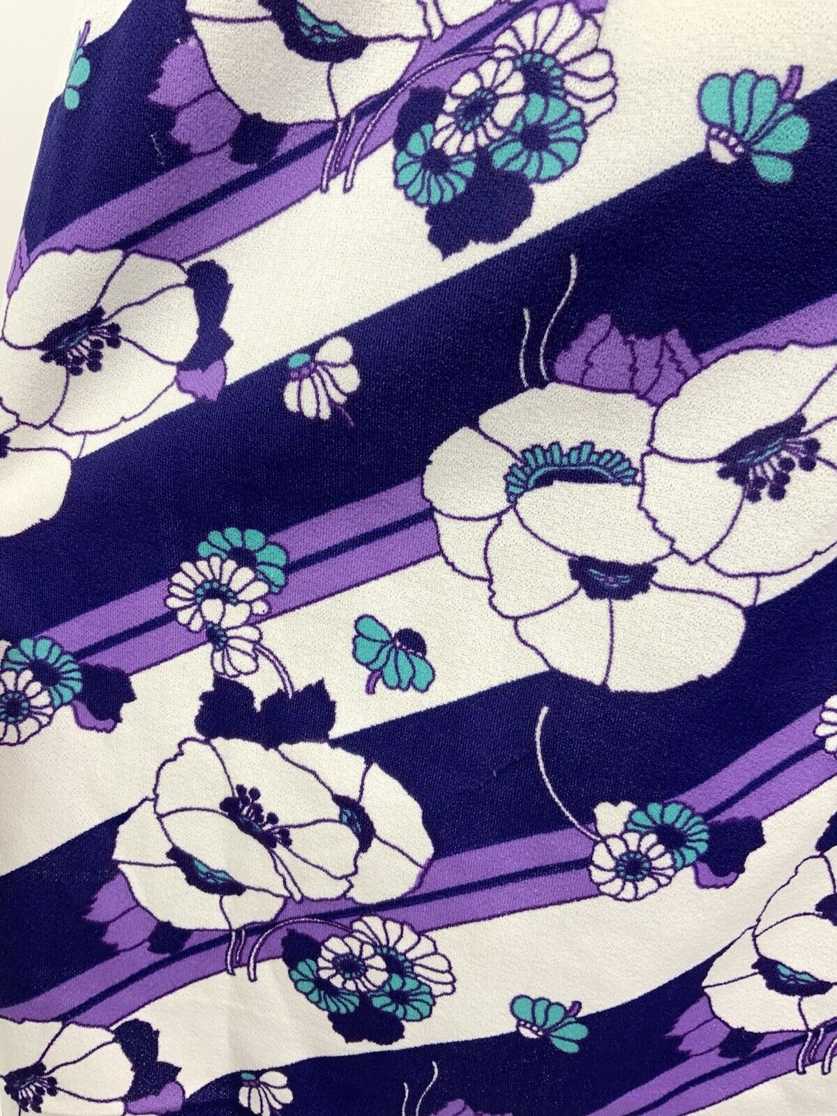 VINTAGE 60s 70s PURPLE WHITE TURQUOISE STRIPED FLORAL MOD DRESS 14 16