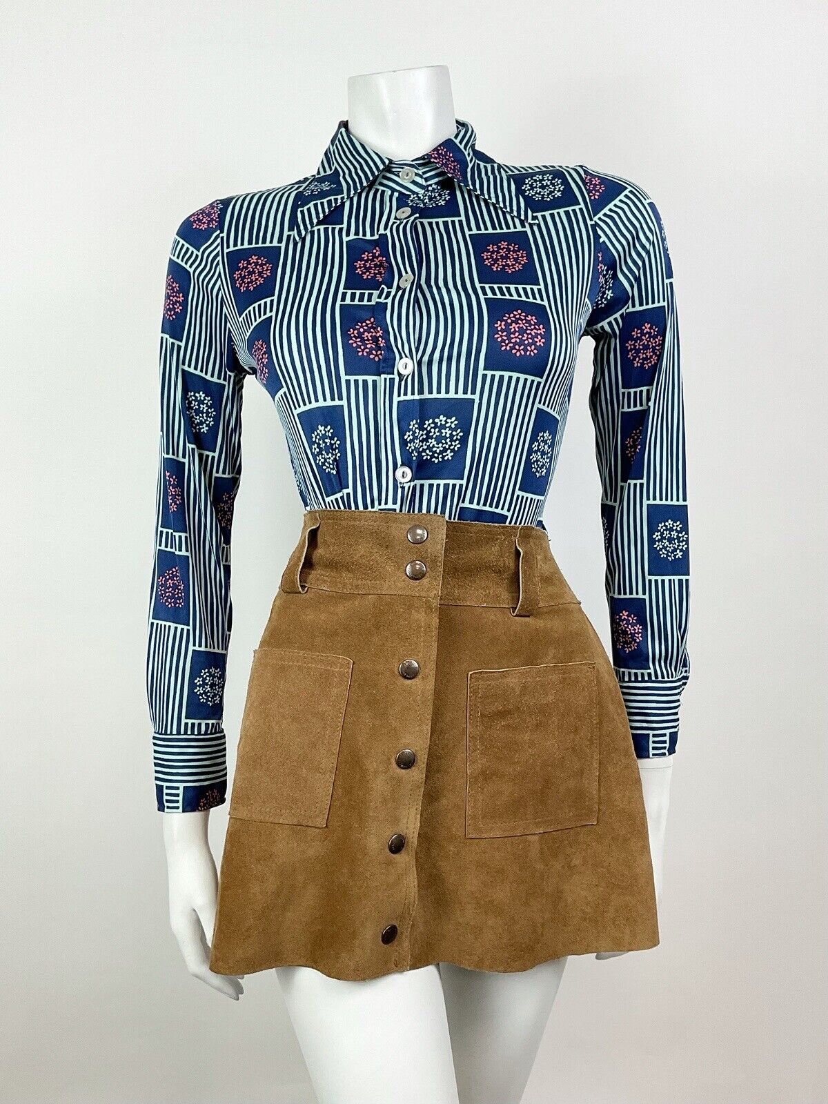 VINTAGE 60s 70s BLUE PINK STRIPED FLORAL BLOSSOM DAGGER SHIRT BLOUSE 8 10