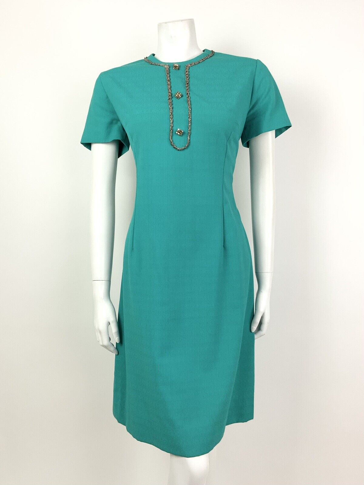 VTG 60s 70s GREEN TEAL BRONZE SILVER DIAMANTE BIRDS-EYE MOD DRESS 14 16