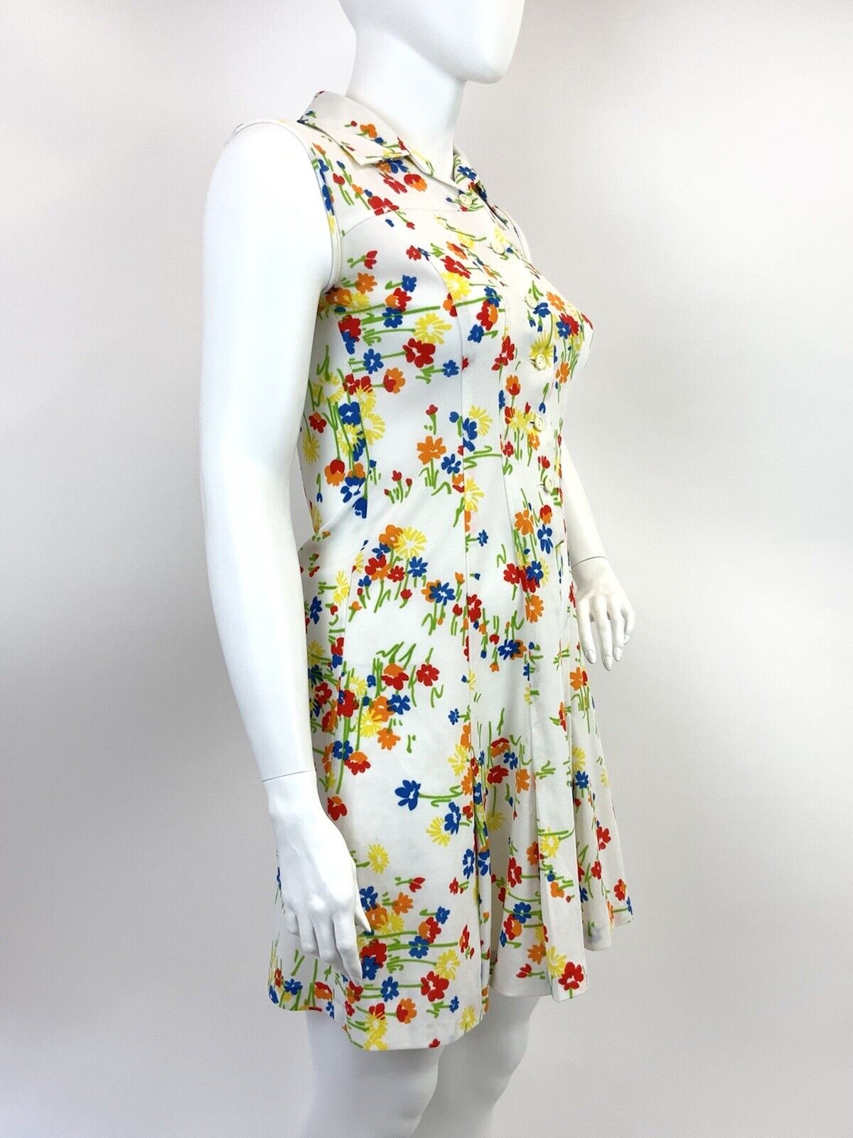 VINTAGE 60s 70s WHITE RED BLUE GREEN FLORAL MOD SLEEVELESS DAGGER SHIRT DRESS 16