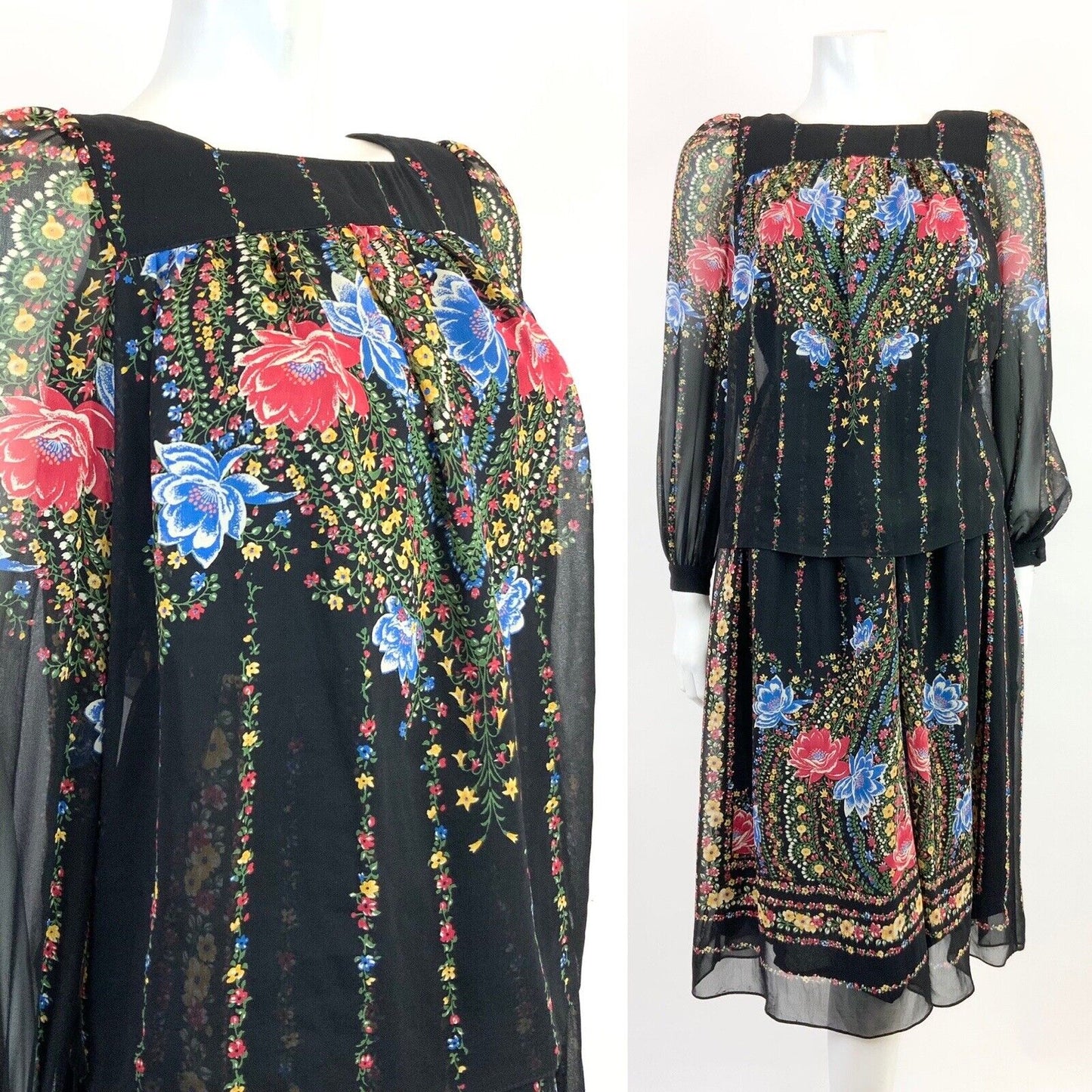 VTG 60s 70s BLACK RED BLUE FLORAL STRIPED MANDALA FOLK BOHO BLOUSON DRESS 10