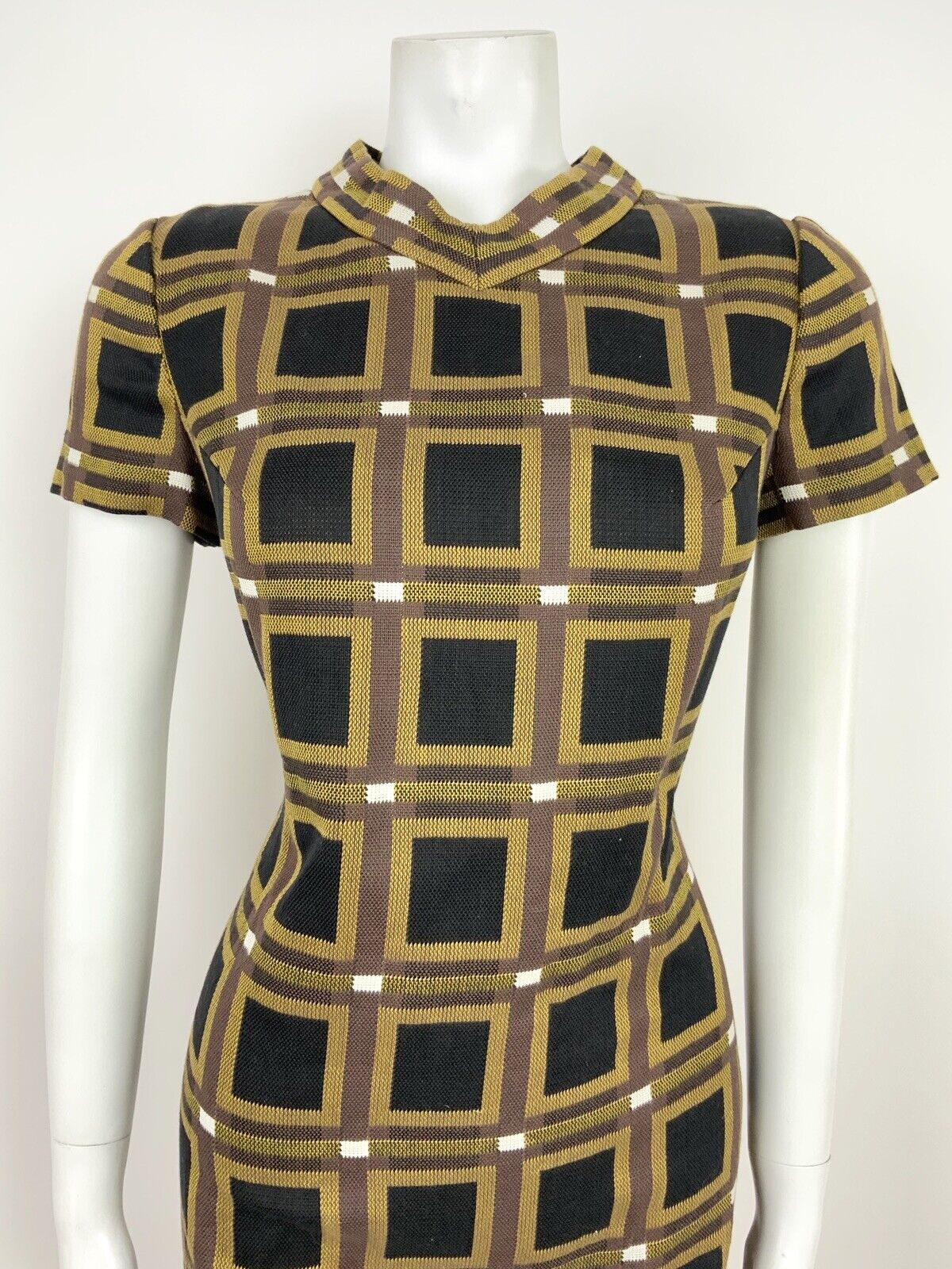 VINTAGE 60s 70s BROWN BLACK YELLOW WHITE GEOMETRIC SQUARE MOD SHIFT DRESS 10 12