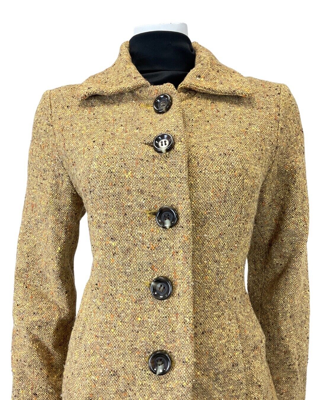 VINTAGE 60s 70s YELLOW BROWN BEIGE SPECKLED MOD MID-LENGTH WOOL COAT 12