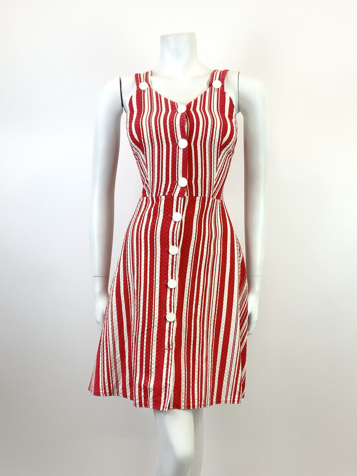 VINTAGE 60s 70s RED WHITE CANDY STRIPED SWEETHEART SLEEVELESS MOD SUN DRESS 8 10