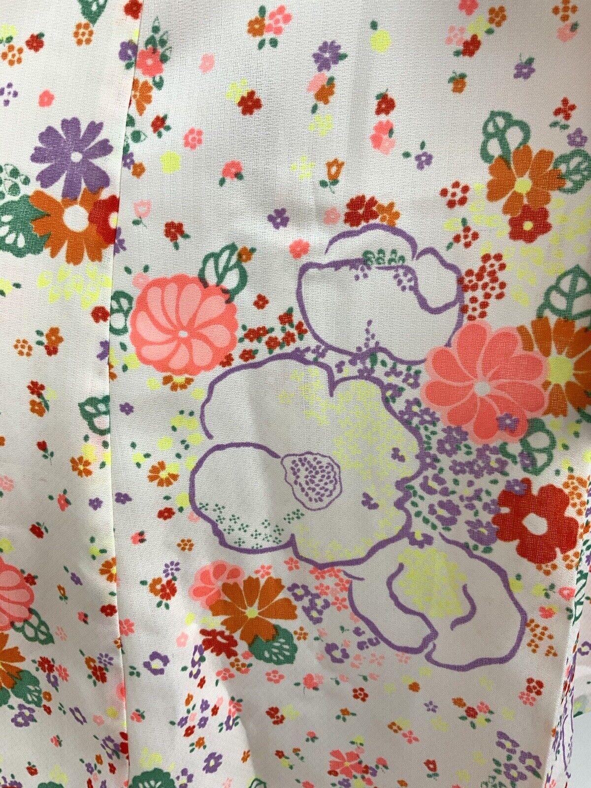 VINTAGE 60s 70s WHITE ORANGE PINK GREEN FLORAL DITSY EMPIRE LINE SUMMER DRESS 10