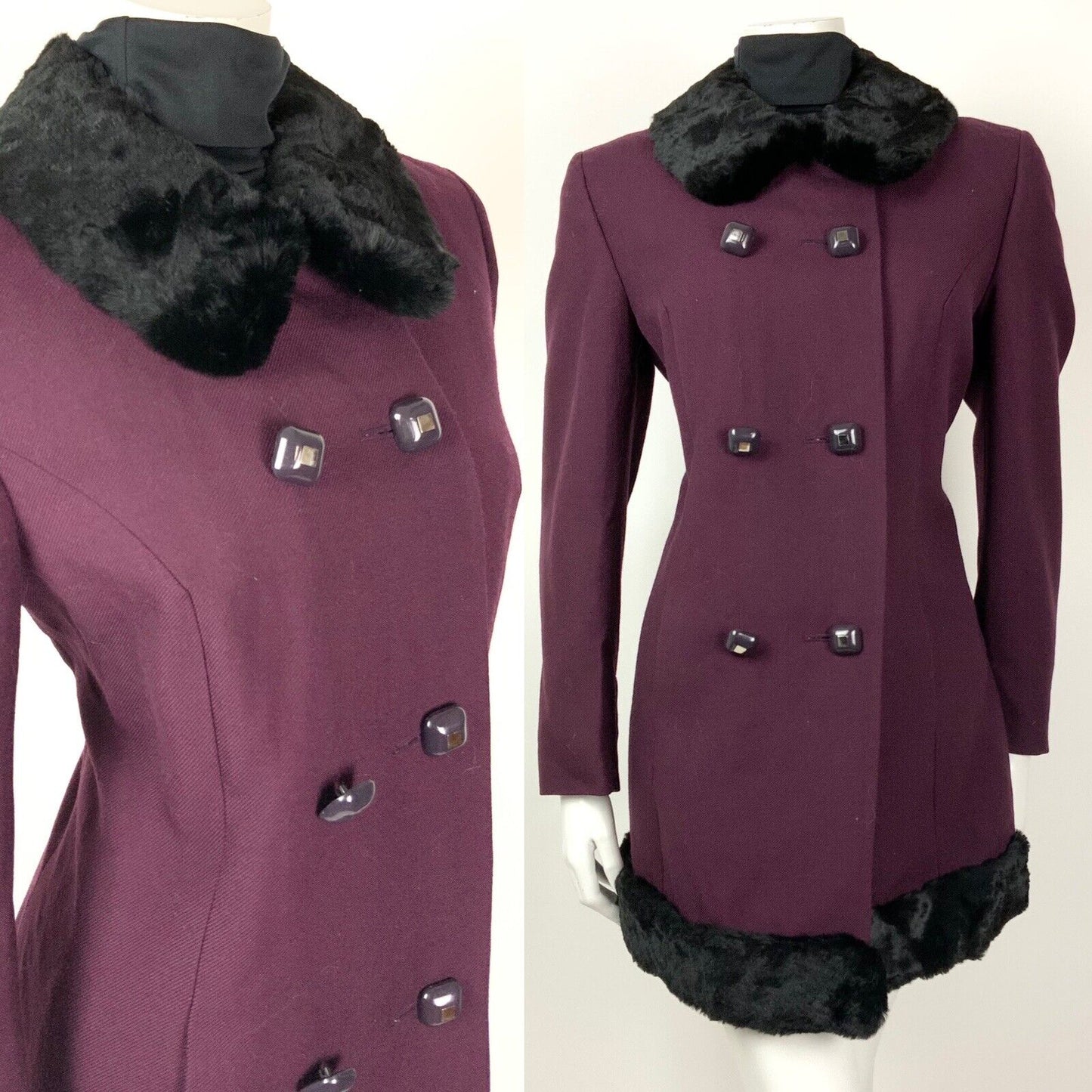 VTG 60s 70s PLUM PURPLE BLACK FUR TRIM PRINCESS MOD WOOL SHORT COAT 12 14