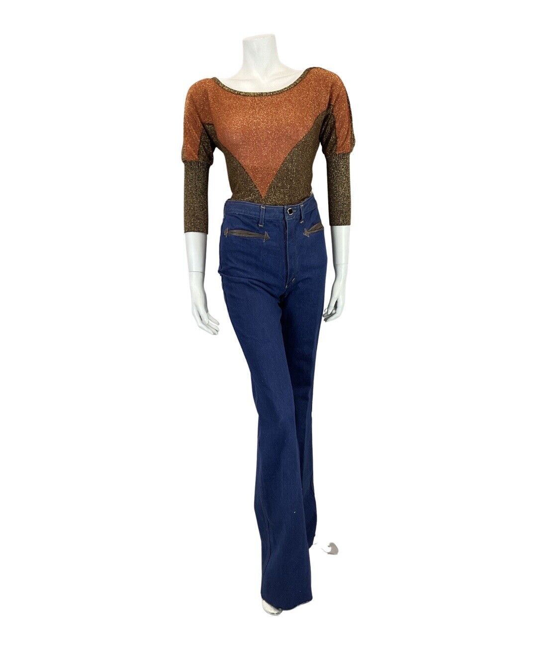 VINTAGE 60s 70s BROWN ORANGE CREAM BATWING GLITTER LUREX KNIT TOP 10