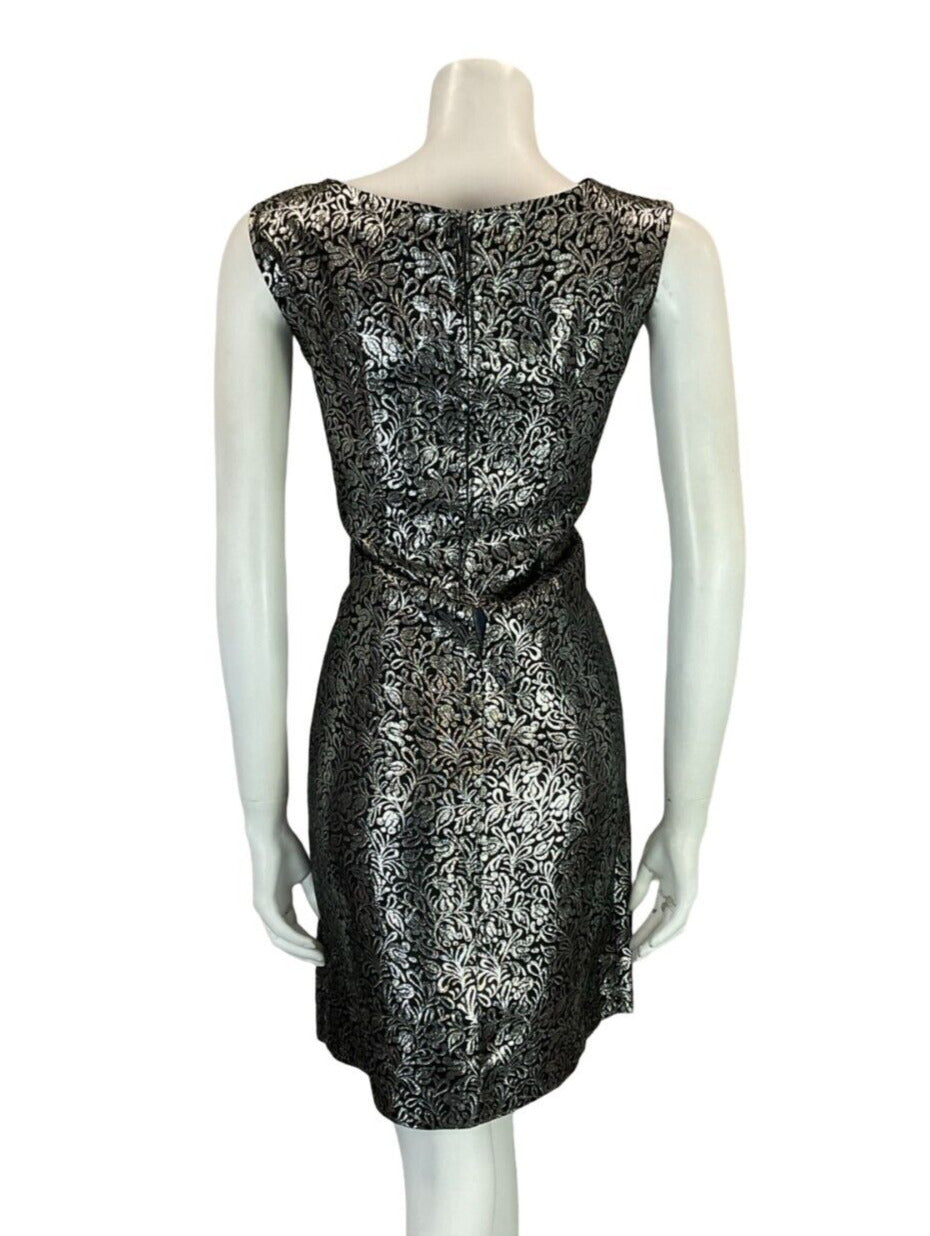 VTG 60S MOD BLACK SILVER FLORAL SHINY PARTY SLEEVELESS MINI DRESS SIZE 14 16