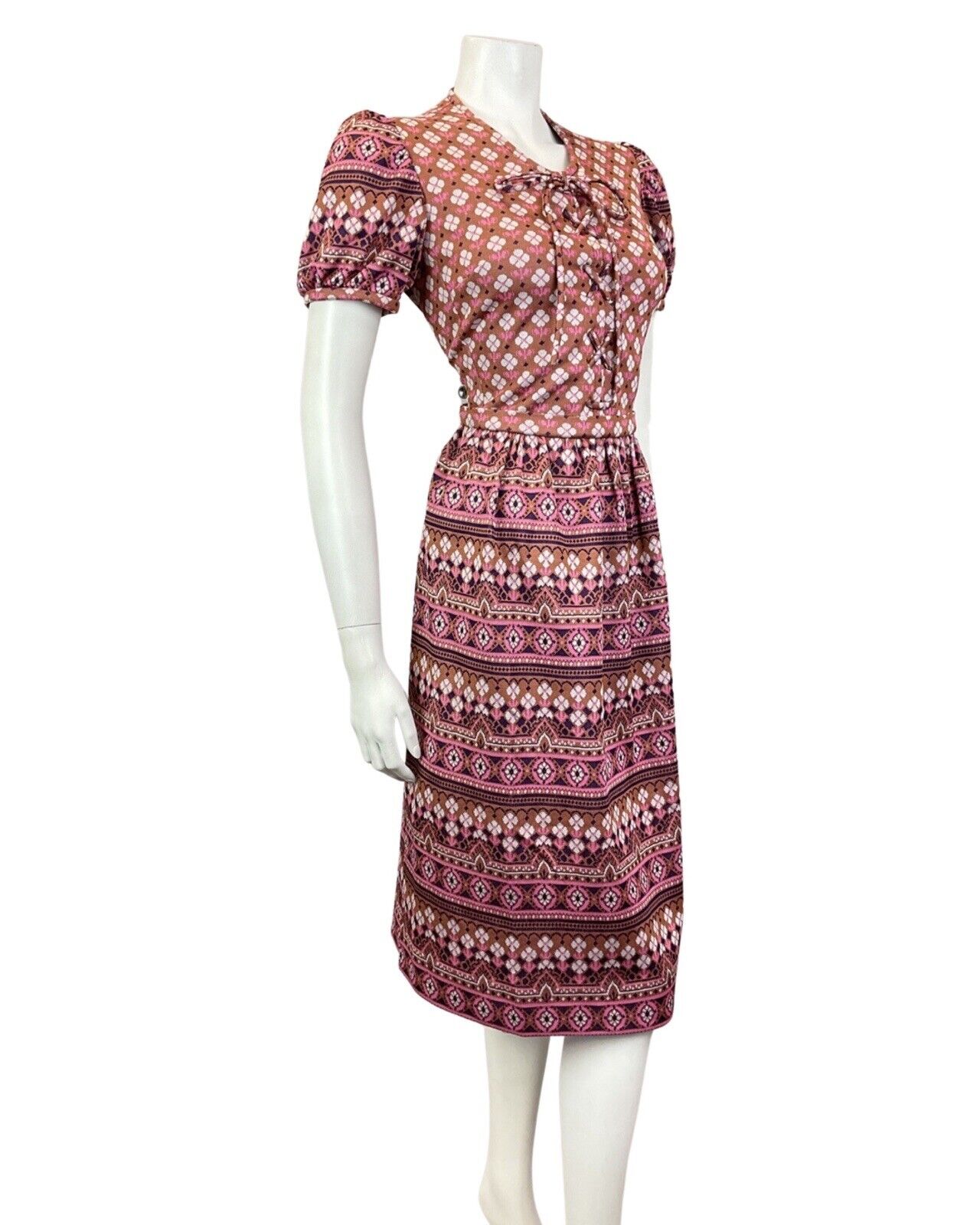 VINTAGE 60s 70s BROWN PINK WHITE GEOMETRIC DAISY LACE-UP BOHO FOLK MOD DRESS 10