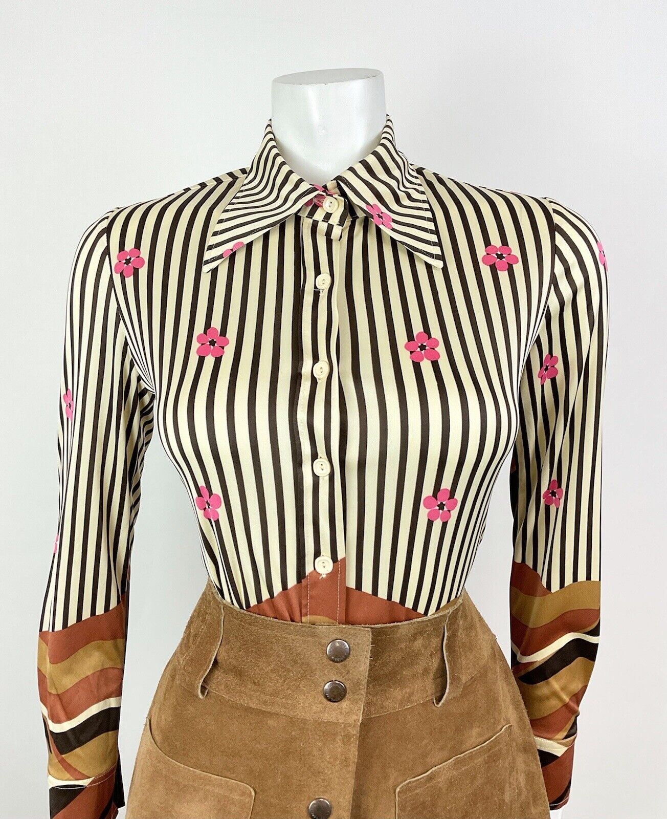 VINTAGE 60s 70s CREAM BROWN PINK STRIPED FLORAL WAVY MOD BOHO DAGGER SHIRT 8 10