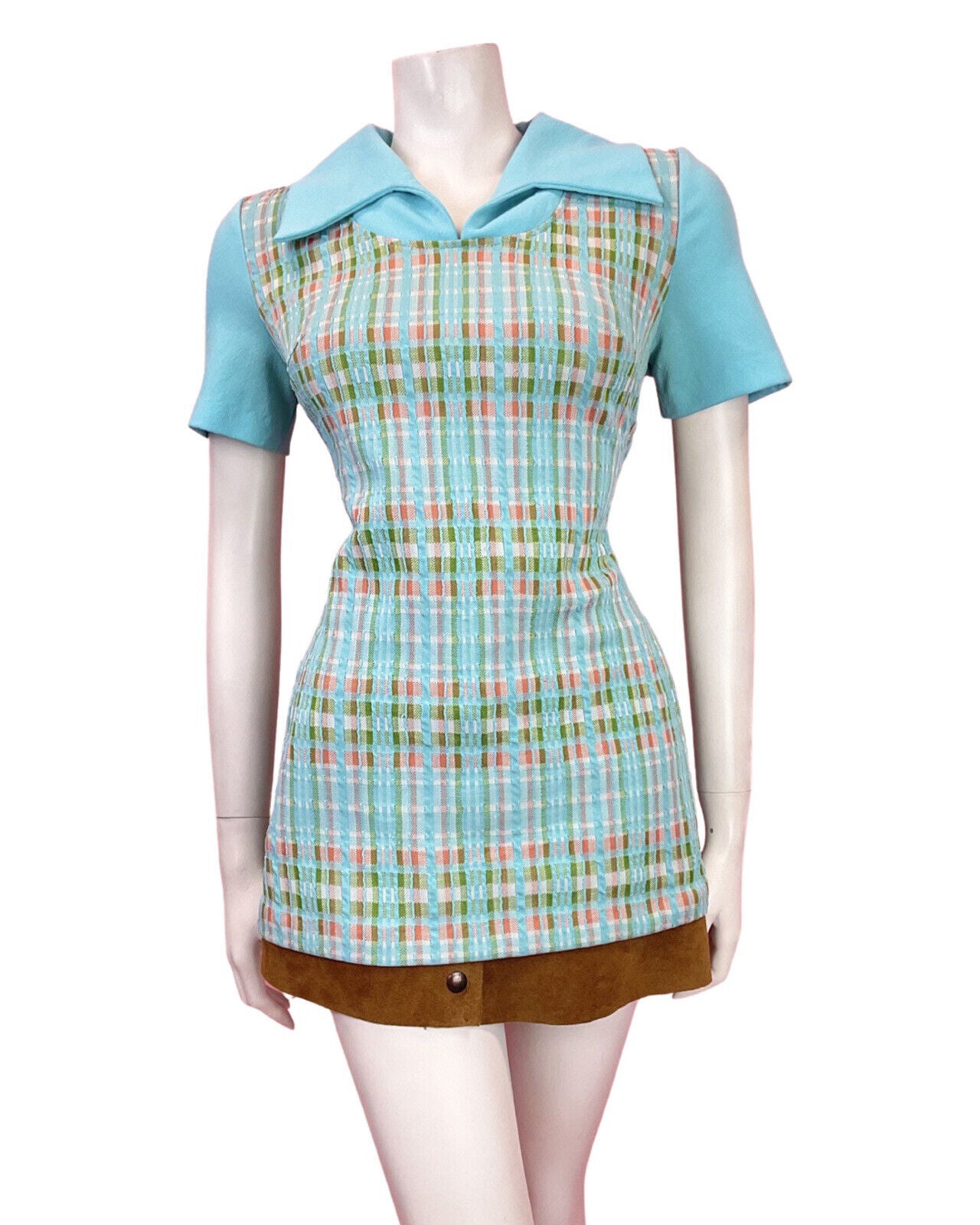 VINTAGE 60s 70s LIGHT BLUE GREEN ORANGE CHECKED MOD WING COLLAR SHIRT TOP 12 14