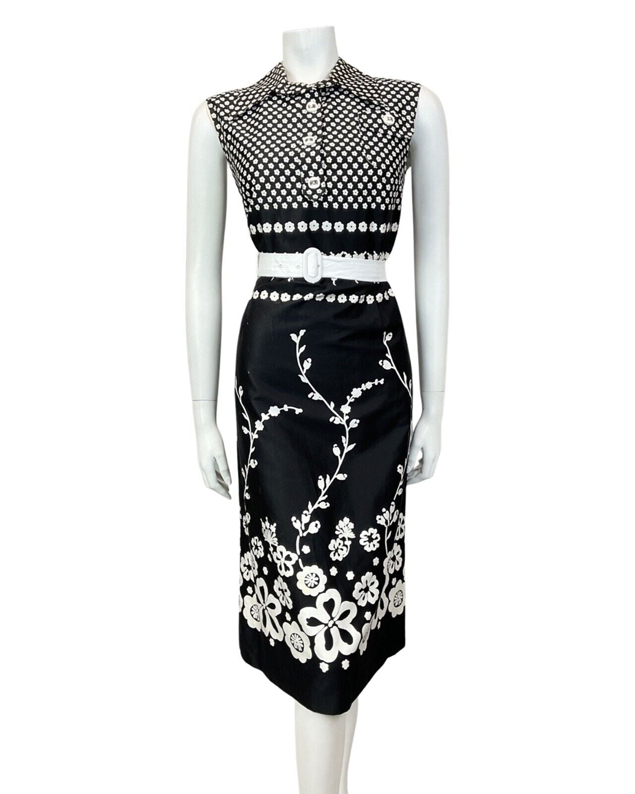 VINTAGE 60s 70s BLACK WHITE FLORAL DAISY MOD SLEEVELESS DAGGER SHIRT DRESS 10 12