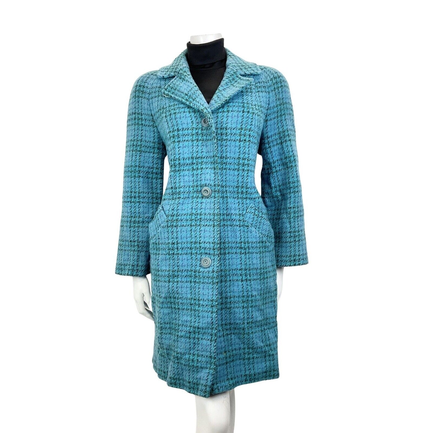 VINTAGE 60s 70s TEAL BLUE PURPLE GREEN PLAID CHECKED MOD WOOL COAT 14