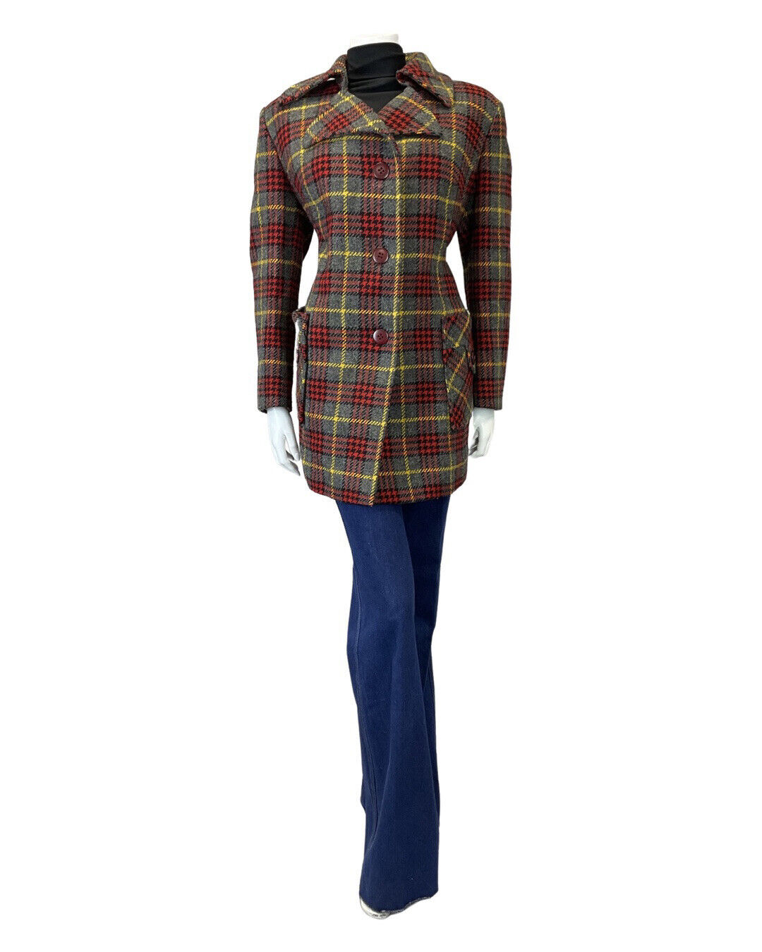 VINTAGE 60s 70s GREY RED YELLOW TARTAN CHECKED MOD WOOL COAT 14 16