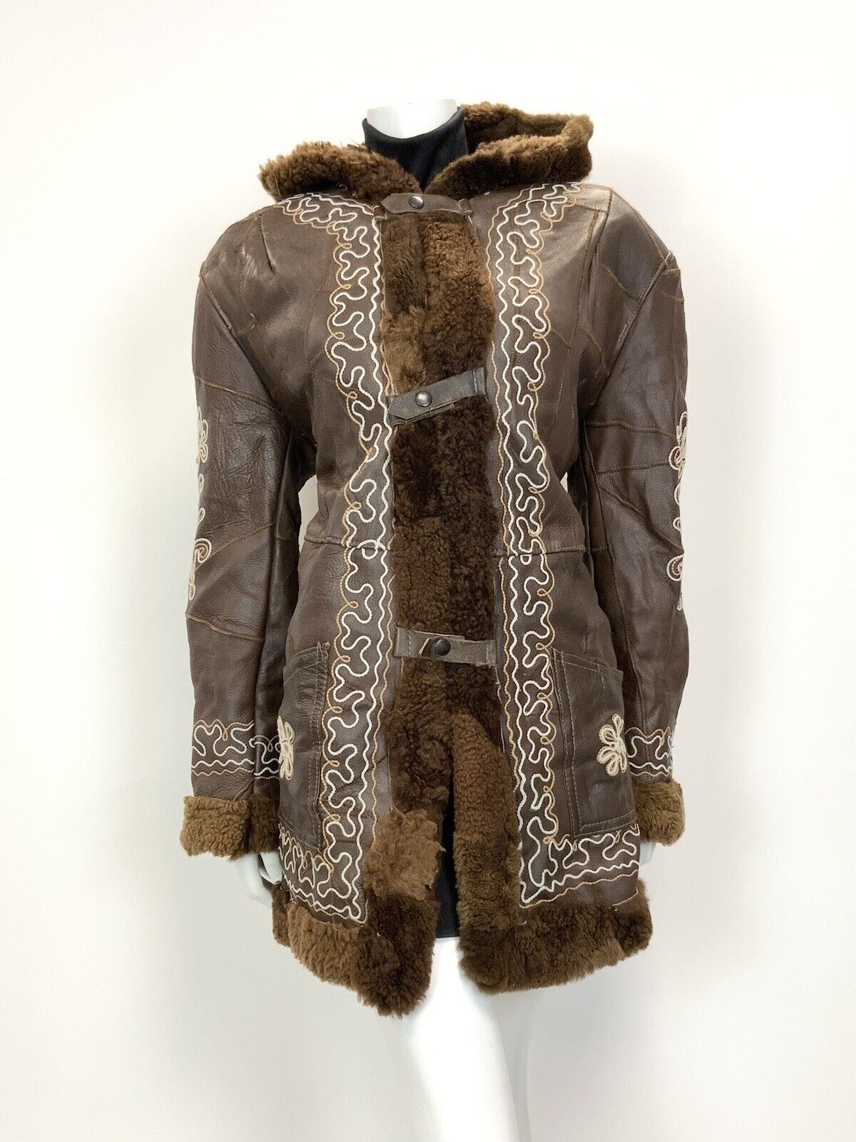 VTG 60s 70s BROWN WHITE EMBROIDERED FLORAL PATCHWORK HOODED LEATHER COAT 16 18