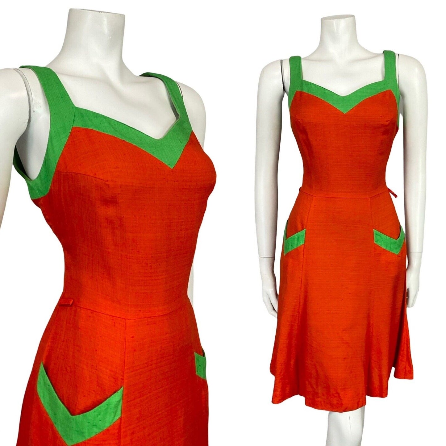 VTG 70S RED GREEN SWEETHEART NECKLINE STRAPPY MINI DRESS WITH POCKETS 10