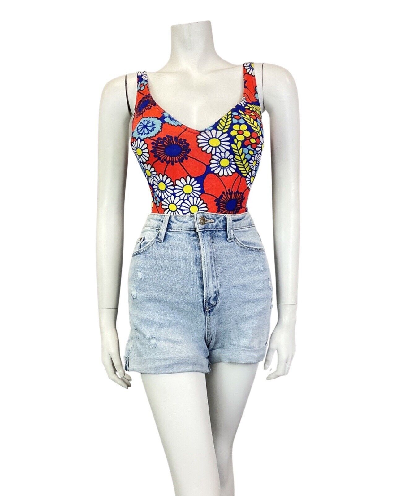 VINTAGE 60s 70s RED BLUE YELLOW DAISY FLOWER MOD SWIMSUIT BODYSUIT 10 12