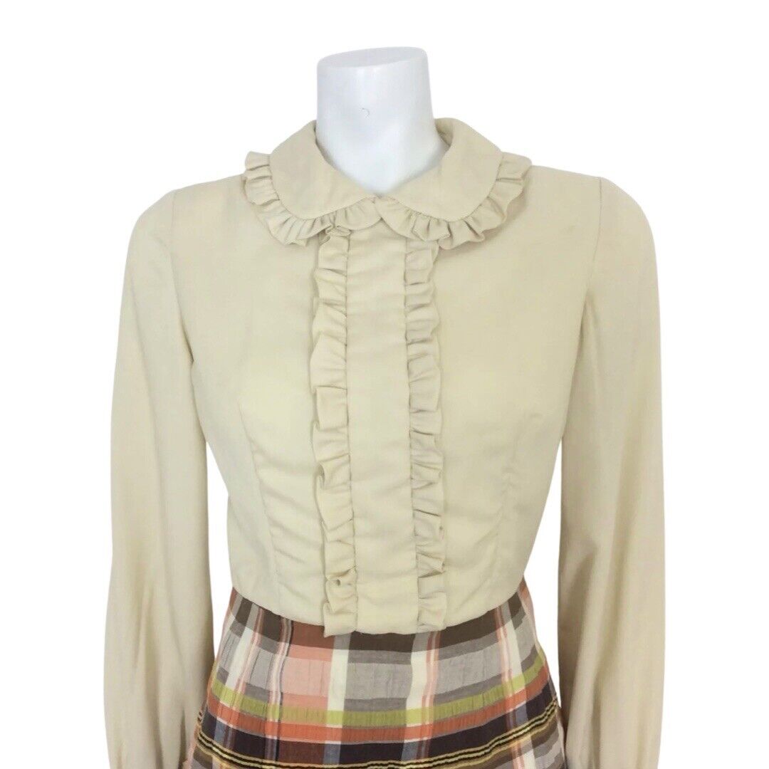 VINTAGE 60S CREAM BROWN PLAID TARTAN MOD MAD MEN SECRETARY SHIRT DRESS 8 10