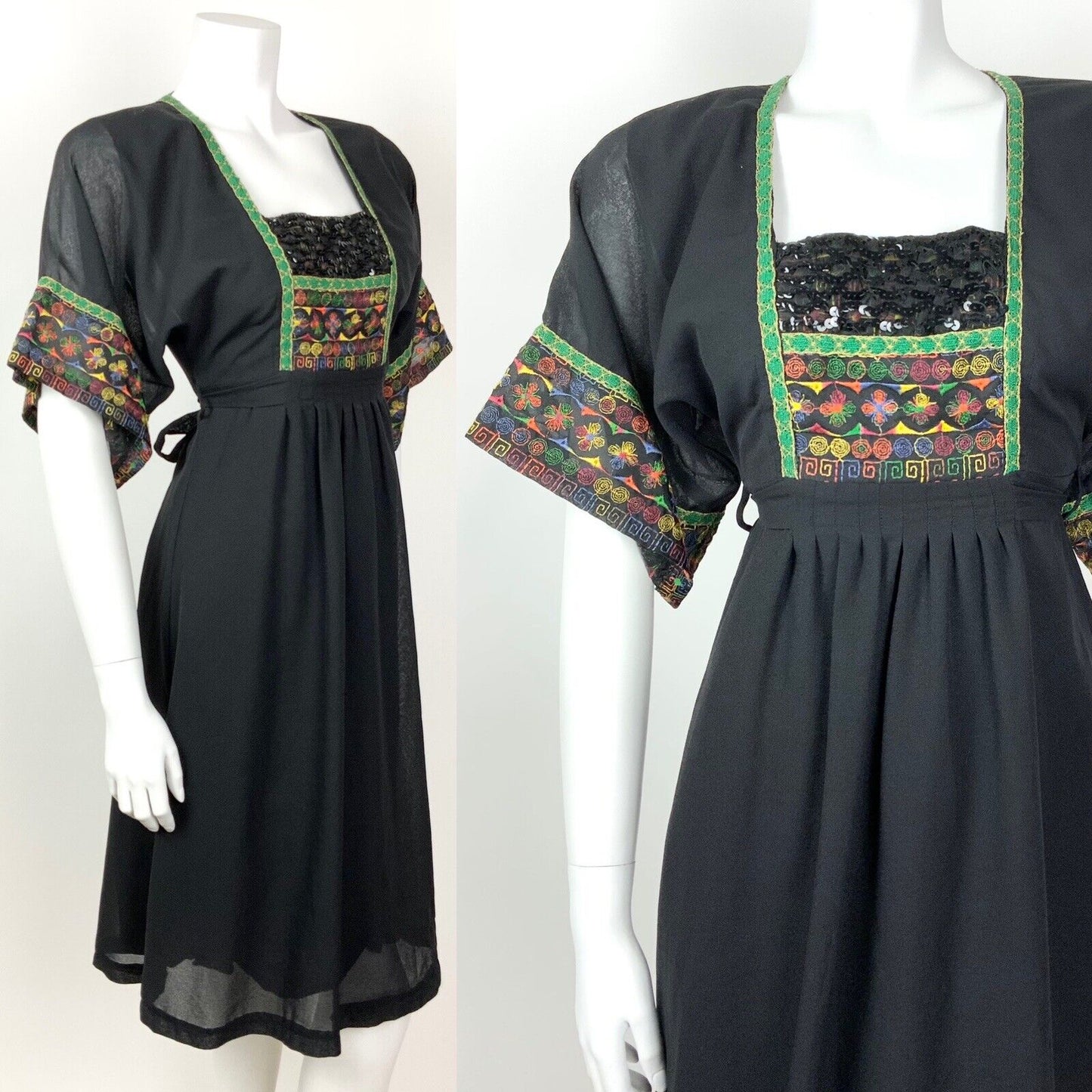 VTG 60s 70s BLACK GREEN ORANGE BLUE EMBROIDERED SEQUIN ETHNIC FOLK BOHO DRESS 8