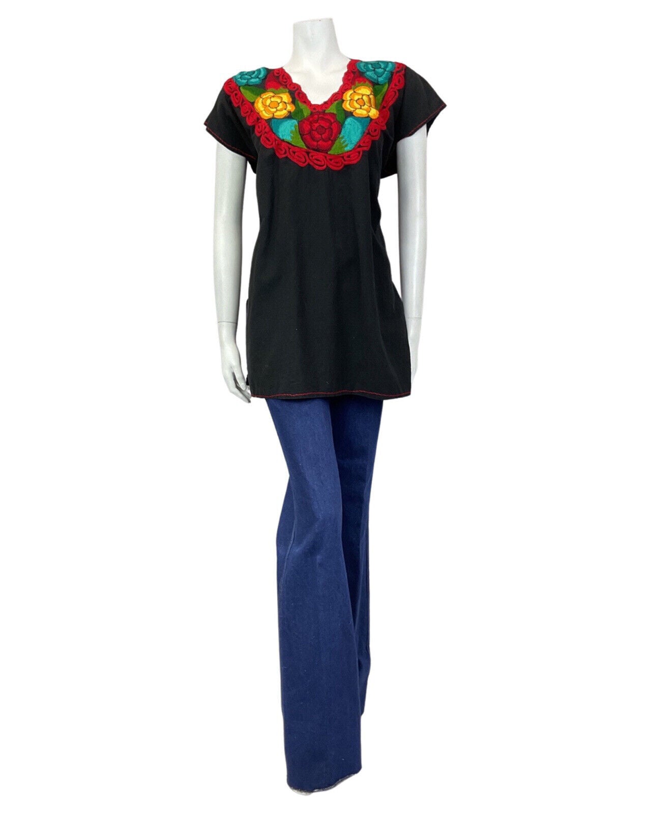 VINTAGE 60s 70s BLACK RED YELLOW FLORAL EMBROIDERED BOHO FOLK BLOUSE 16 18