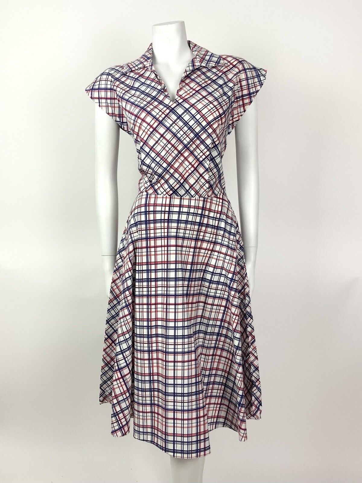 VINTAGE 60s 70s WHITE BLUE RED GRID CHECKED MOD WING SHIRT DRESS 10 12