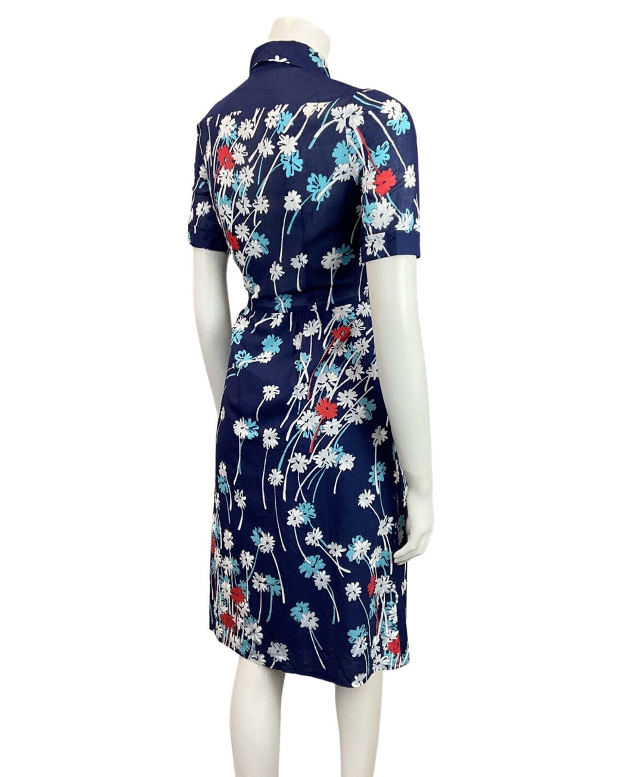 VINTAGE 60s 70s BLUE WHITE RED FLORAL MOD DAGGER COLLAR SHIRT DRESS 8